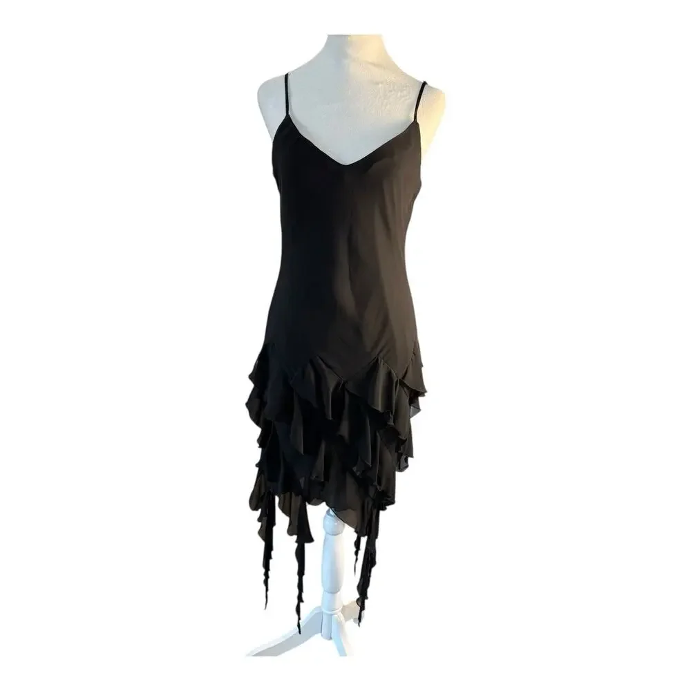 VTG Ruffle Asymmetrical Handkerchief Black Midi Dress Silky Fairy Whimsigoth Y2K - Picture 8 of 14